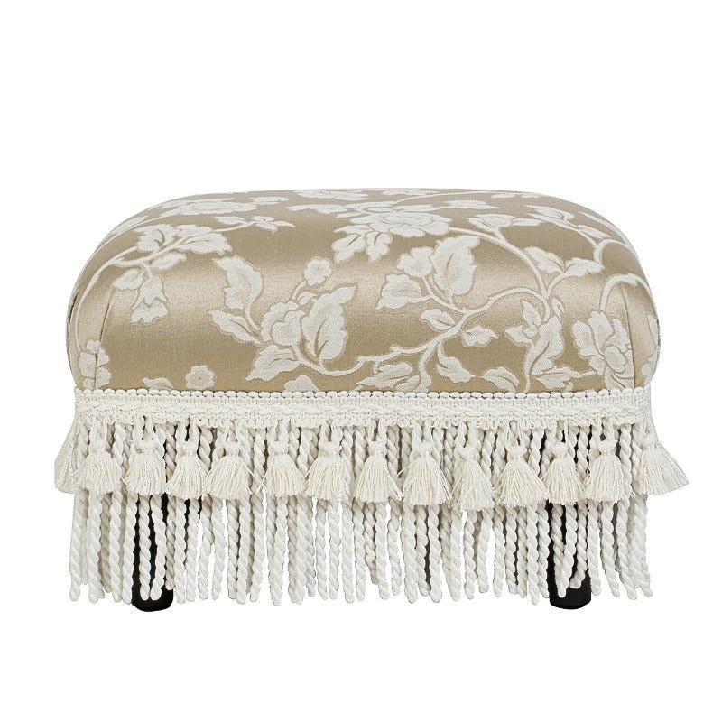 Champagne Floral Jacquard Footstool — front view of the footstool and tassel fringe