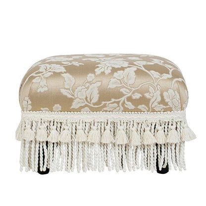 Champagne Floral Jacquard Footstool — front view of the footstool and tassel fringe