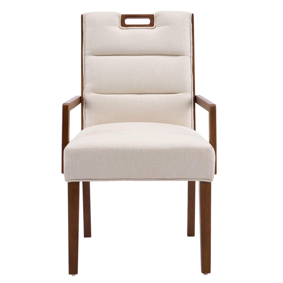 Walnut finish beige upholstered dining armchair with a rubberwood frame