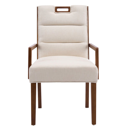 Walnut finish beige upholstered dining armchair with a rubberwood frame