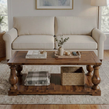Front view of walnut-tone turned-leg coffee table