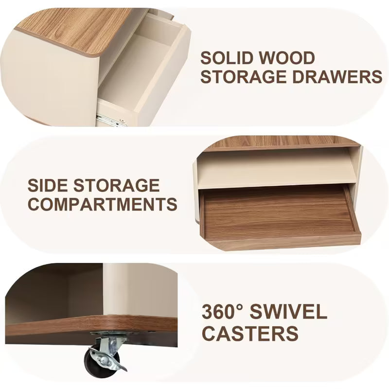Feature collage showing the coffee table's drawer, side storage and swivel caster