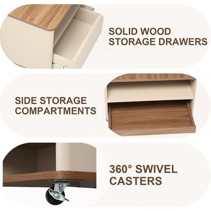 Feature collage showing the coffee table's drawer, side storage and swivel caster