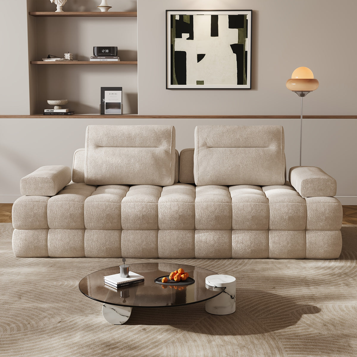 88-Inch Chenille Modular Cloud Loveseat — camel front view in a living room