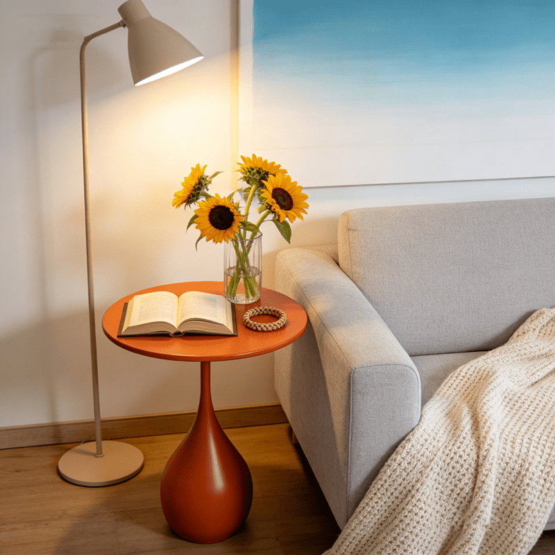 Orange tray-style table by sofa