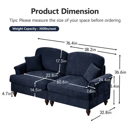 Navy Chenille Loveseat with Ruffled Skirt — supplier dimension diagram.
