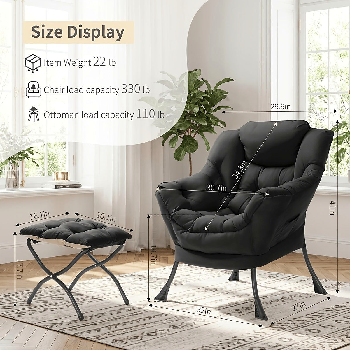 Black cushioned lounge chair and matching footstool with a black metal frame