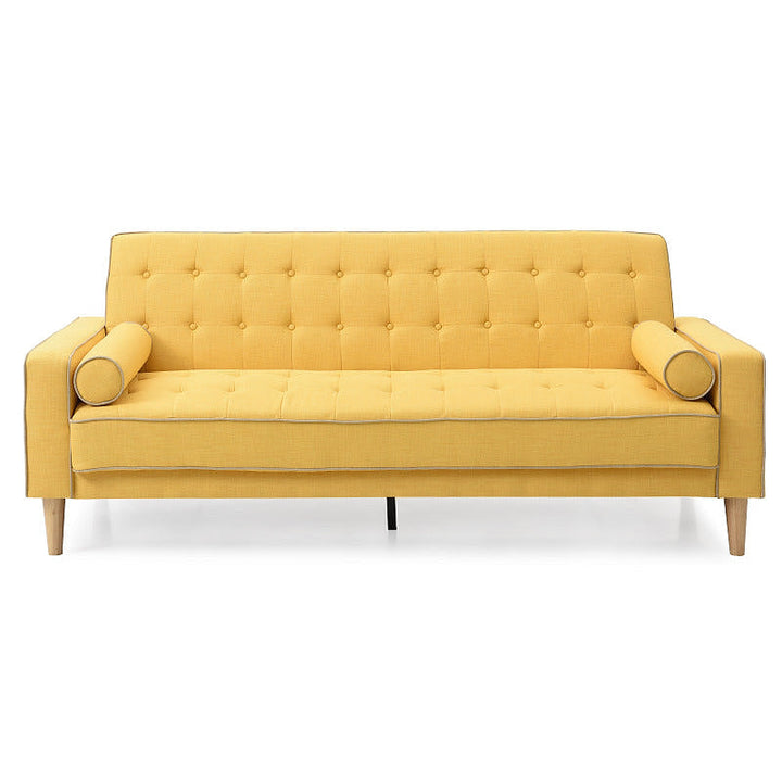 Andrews yellow tufted sofa bed, straight-on front view