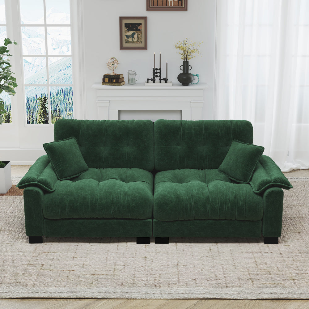 94-Inch Pleated Three-Seat Sofa — green front view in a living room