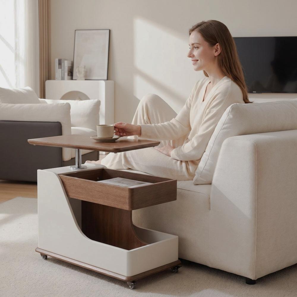 Swivel Side Table with Storage and Wheels - White+Walnut