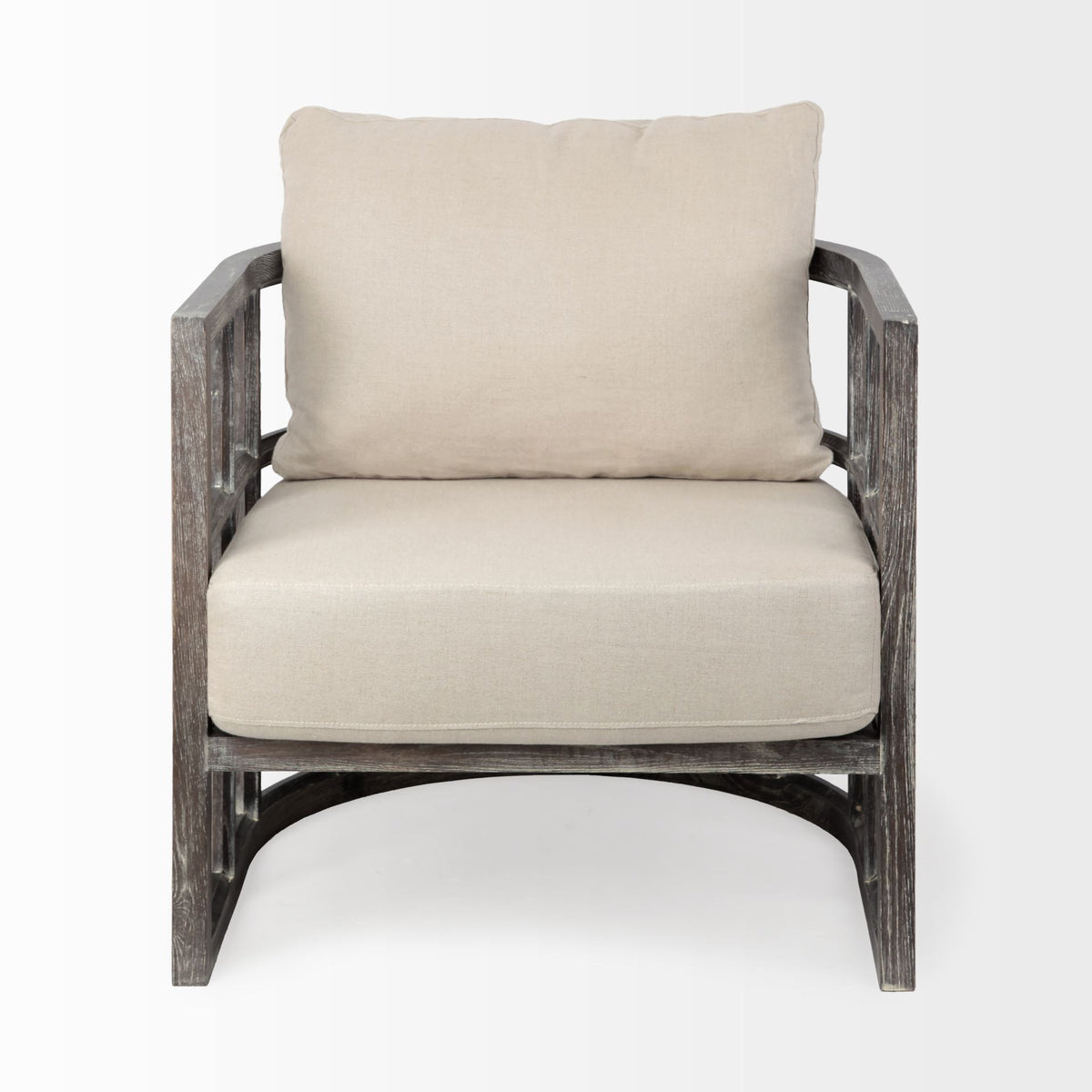 Cream Fabric Covered Cushioned Demi Lune Accent Chair With Wooden Frame - 380643