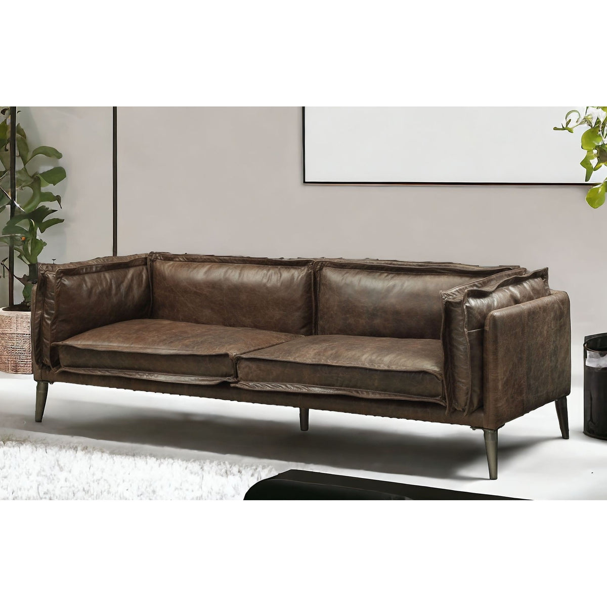 71" Chocolate And Silver Top Grain Leather Loveseat - 515670