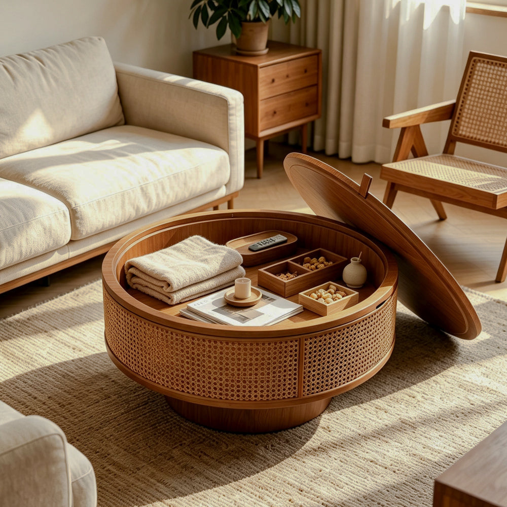 Round coffee table with the lift-off lid open to reveal hidden storage