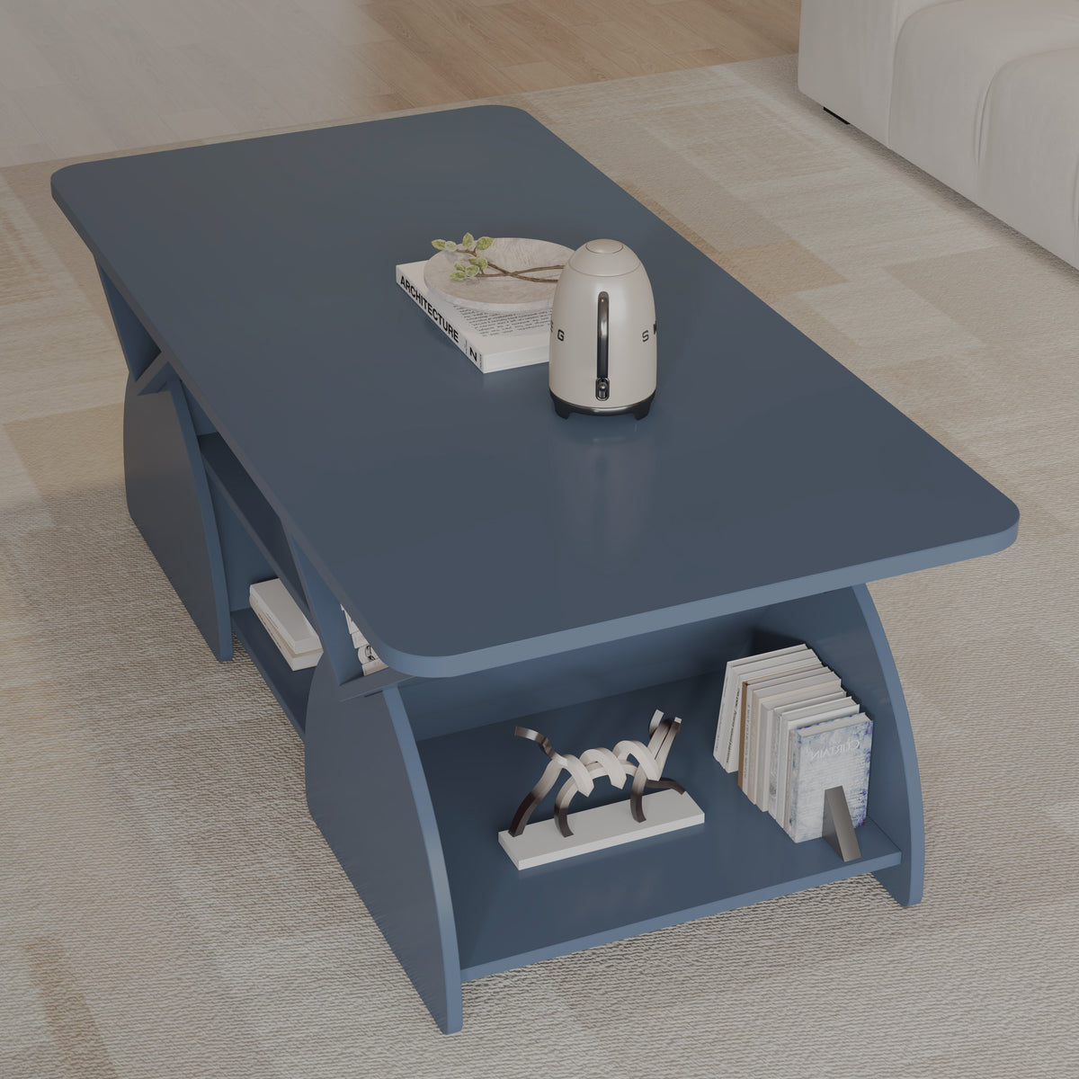 End view blue table shelves