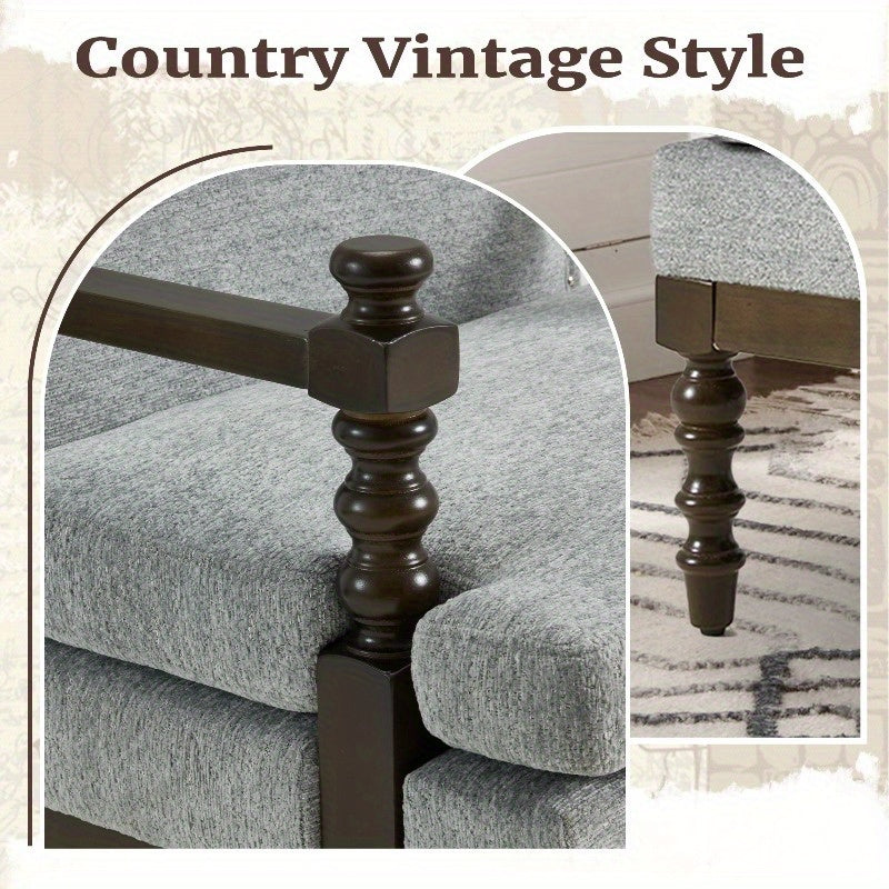 Gray Linen Accent Chair with Lumbar Pillow — turned wood arm and front leg close-ups