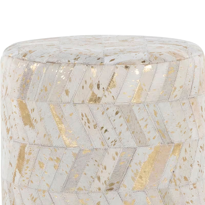 Ivory and Gold Chevron Leather Ottoman — ivory padded top and chevron close-up