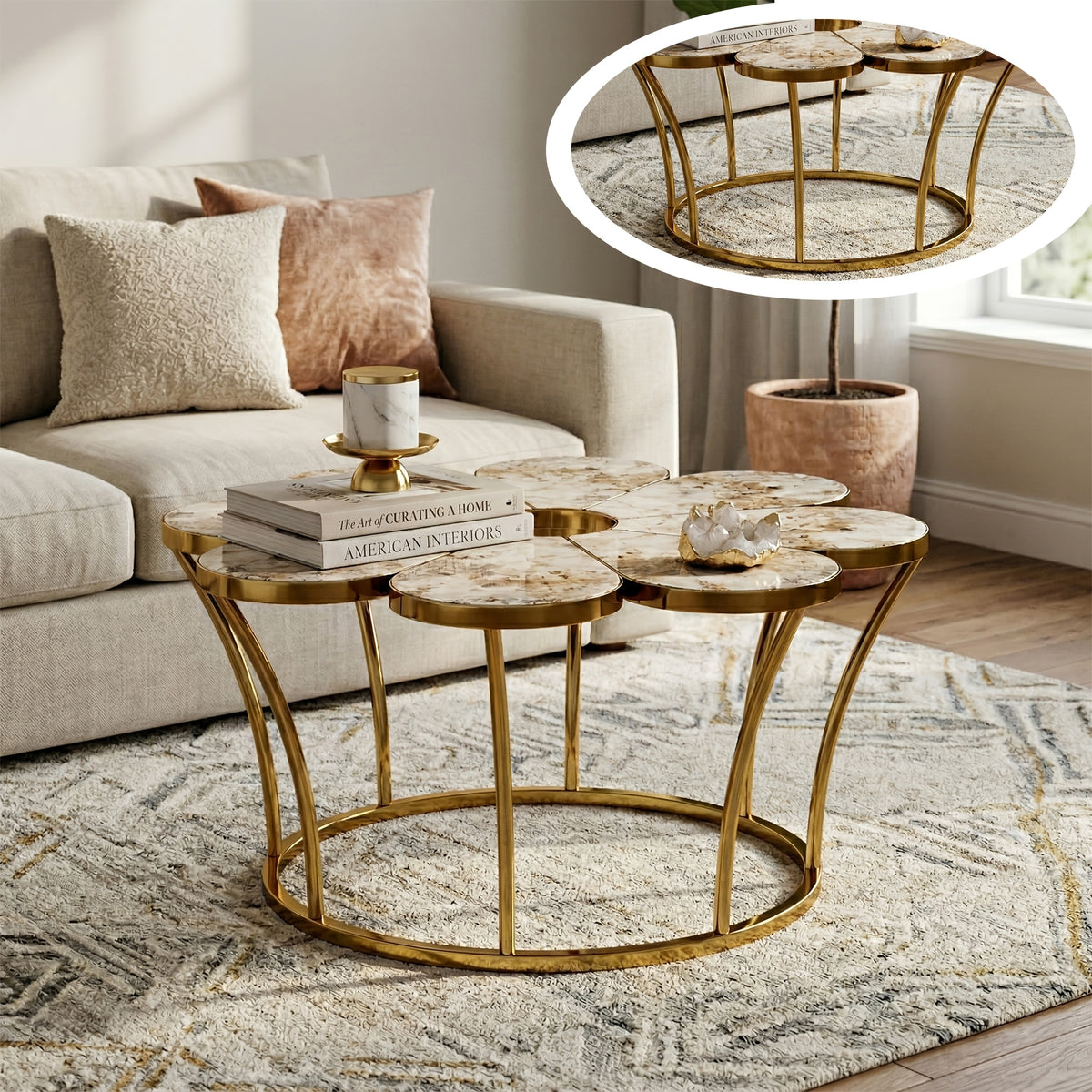 Flower-shaped coffee table photo with a circular detail inset of its frame