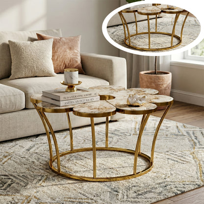 Flower-shaped coffee table photo with a circular detail inset of its frame