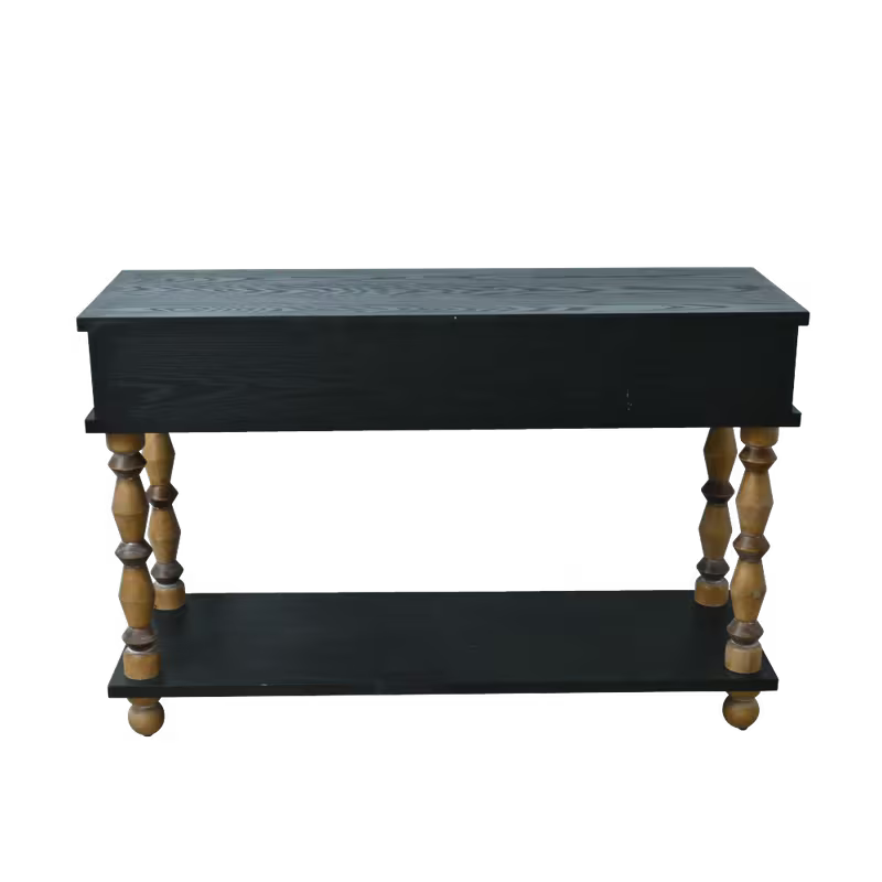Rear view of the two-tone console showing the black back panel, turned legs and lower shelf.
