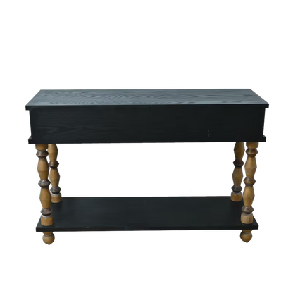 Rear view of the two-tone console showing the black back panel, turned legs and lower shelf.