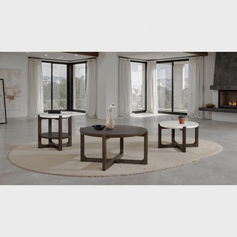 Round Quartz-Top Table with Dark Walnut-Look Base