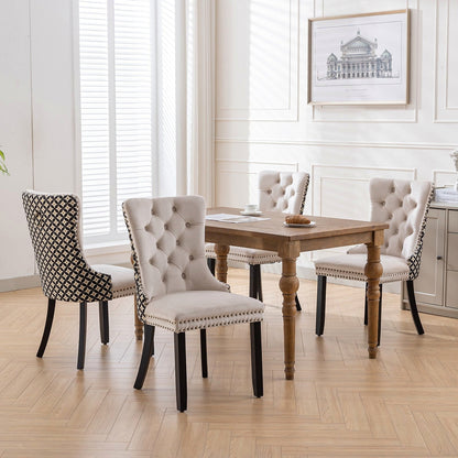 Beige velvet dining chair with a patterned back and dark wood legs
