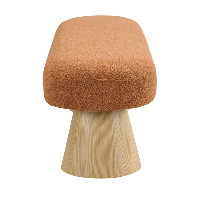 Tapered wood-tone pedestal beneath the orange upholstered bench