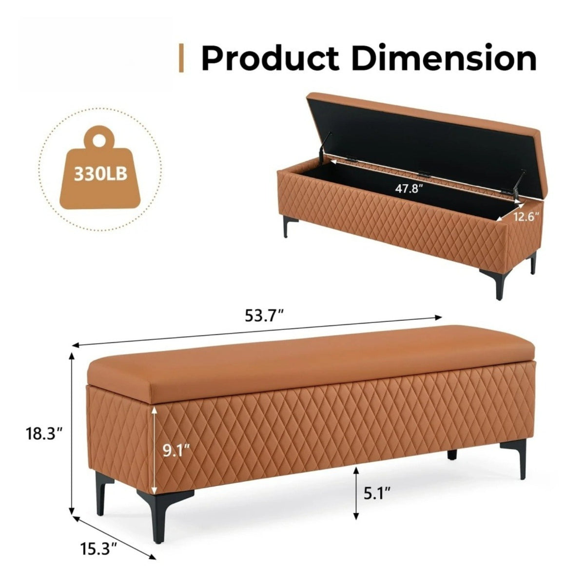 Dimension diagram of the brown bench with its storage lid shown open