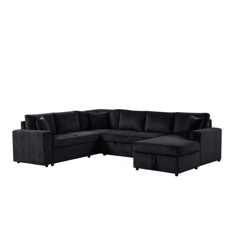 Rinaldo Black Corduroy Sleeper Sectional — three-quarter sectional view.