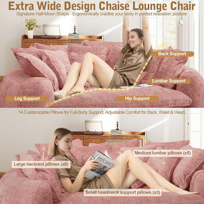 Oversized Round Chenille Lounge Sofa — pink lounging and pillow arrangement.