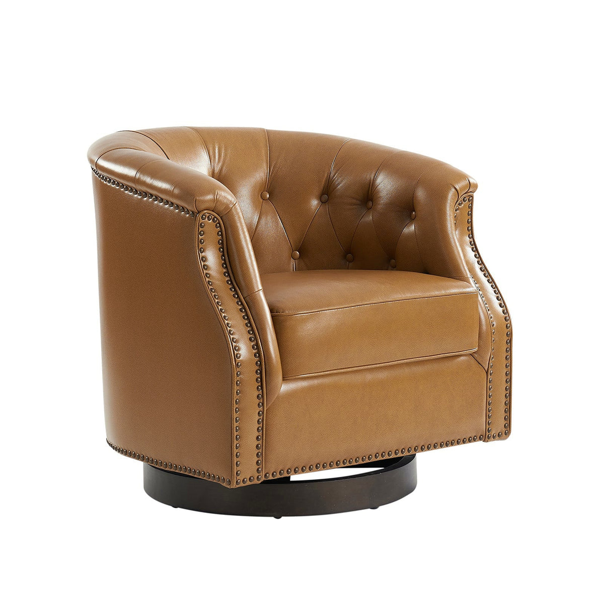 Camel genuine leather Chesterfield swivel rocking armchair with rolled arms