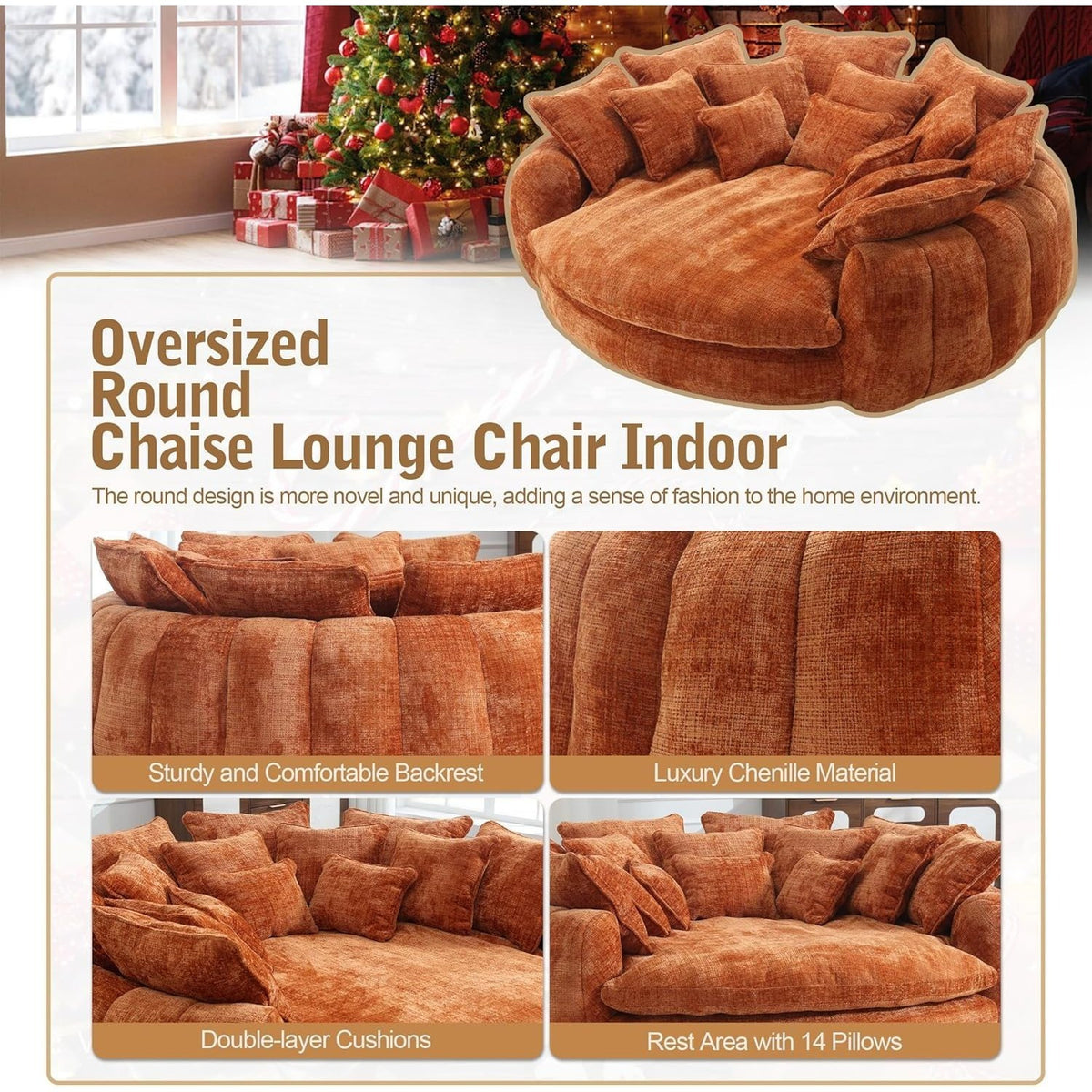 Oversized Round Chenille Lounge Sofa — orange chenille and cushion detail panel.