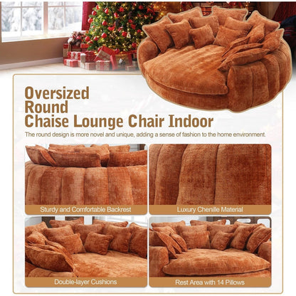 Oversized Round Chenille Lounge Sofa — orange chenille and cushion detail panel.