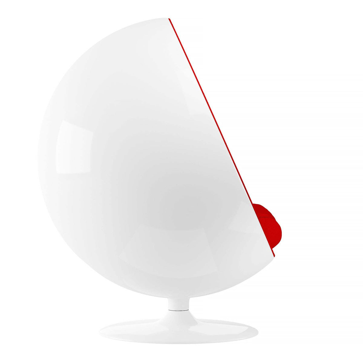 Side view of white-shell red-lined Globe chair