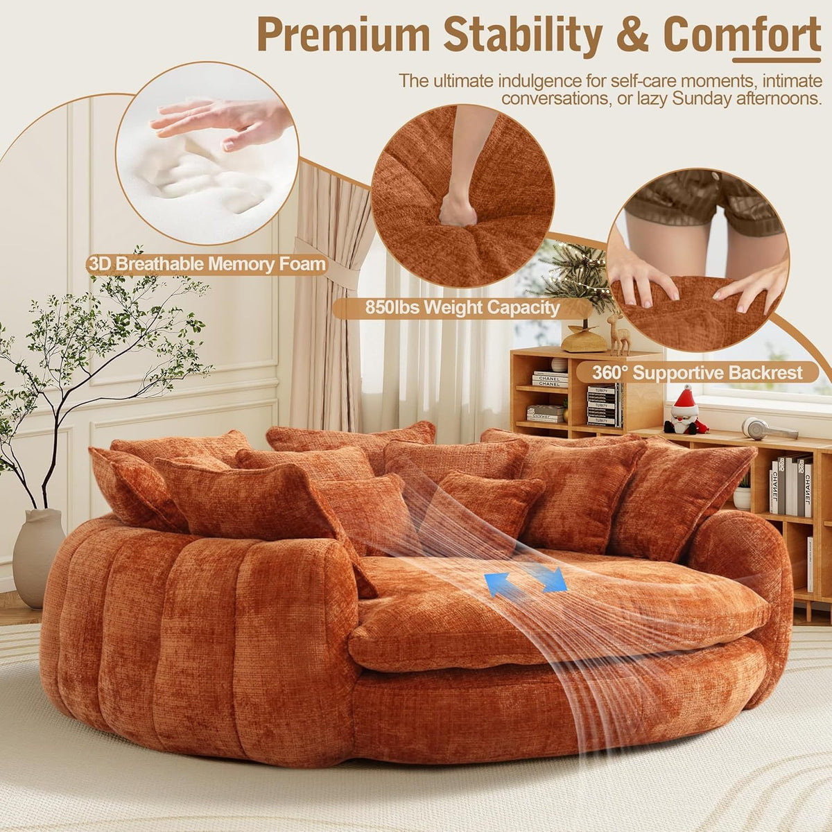 Oversized Round Chenille Lounge Sofa — orange foam and backrest detail panel.