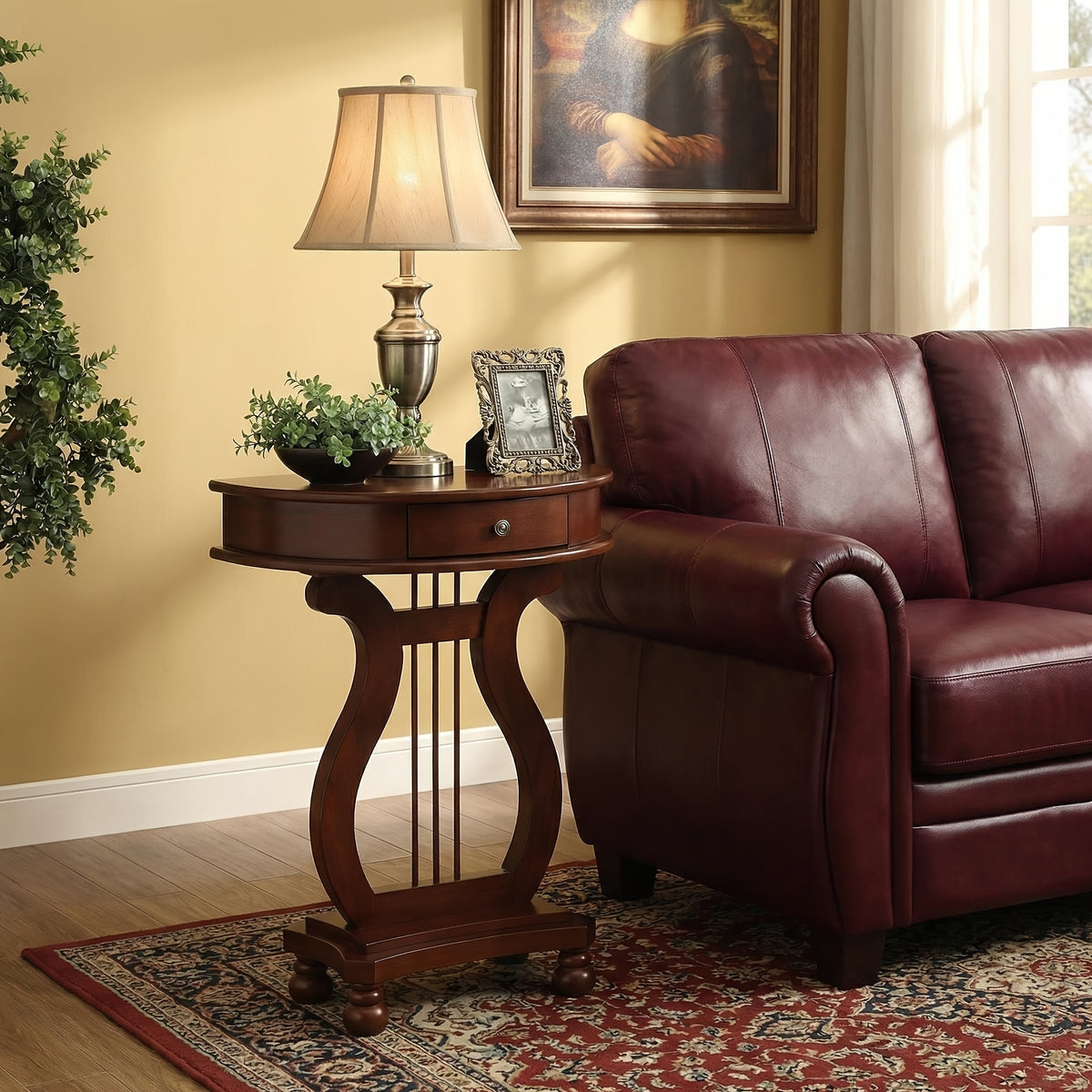 Compact harp-base console placed beside a living room sofa.