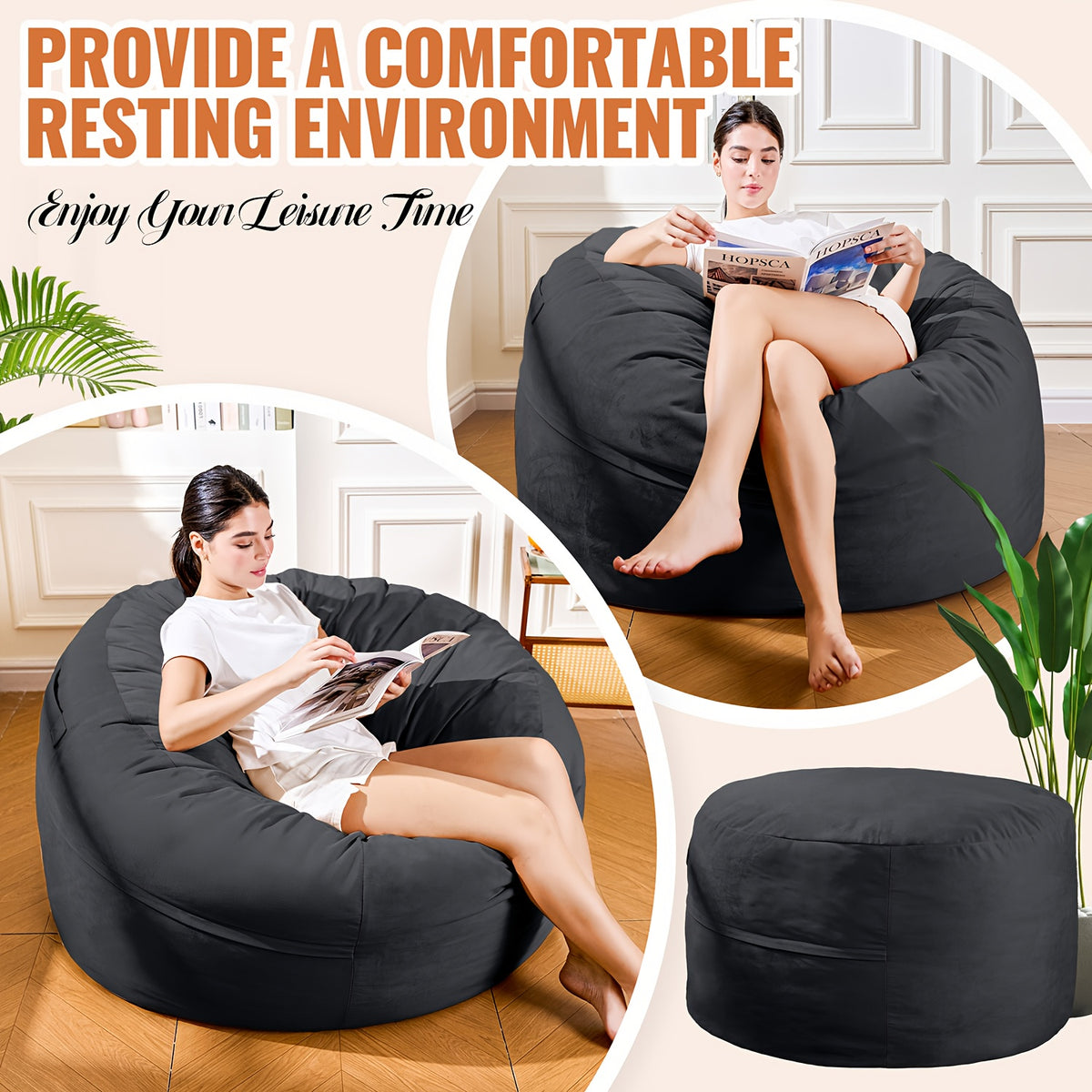 Collage showing a black bean bag chair used for reading and lounging