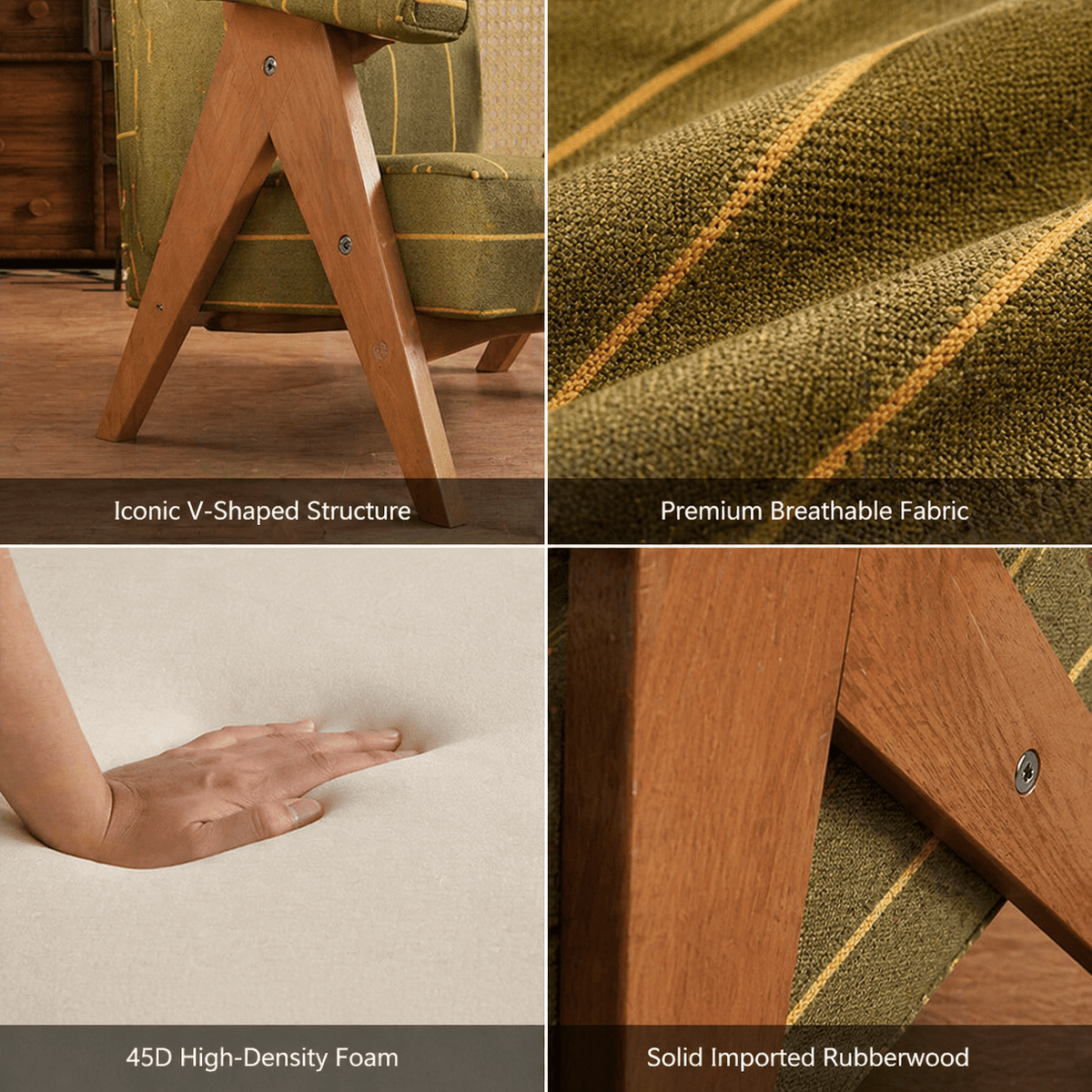 Patterned Accent Chair with Rubberwood Frame — green fabric, wood frame and cushion close-ups