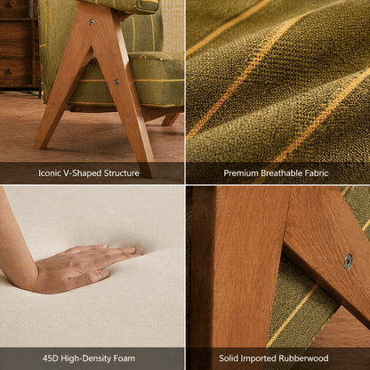 Patterned Accent Chair with Rubberwood Frame — green fabric, wood frame and cushion close-ups
