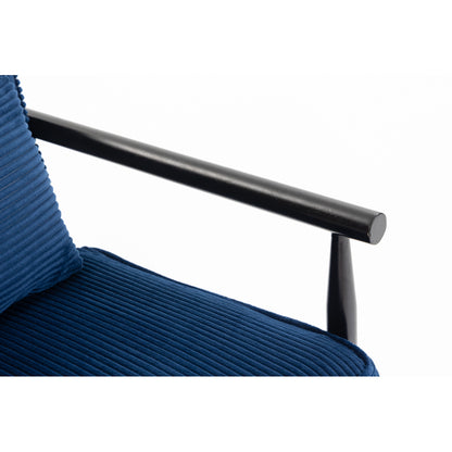 Navy Ribbed Accent Chair with Hidden Storage — black arm rail and ribbed upholstery close-up.