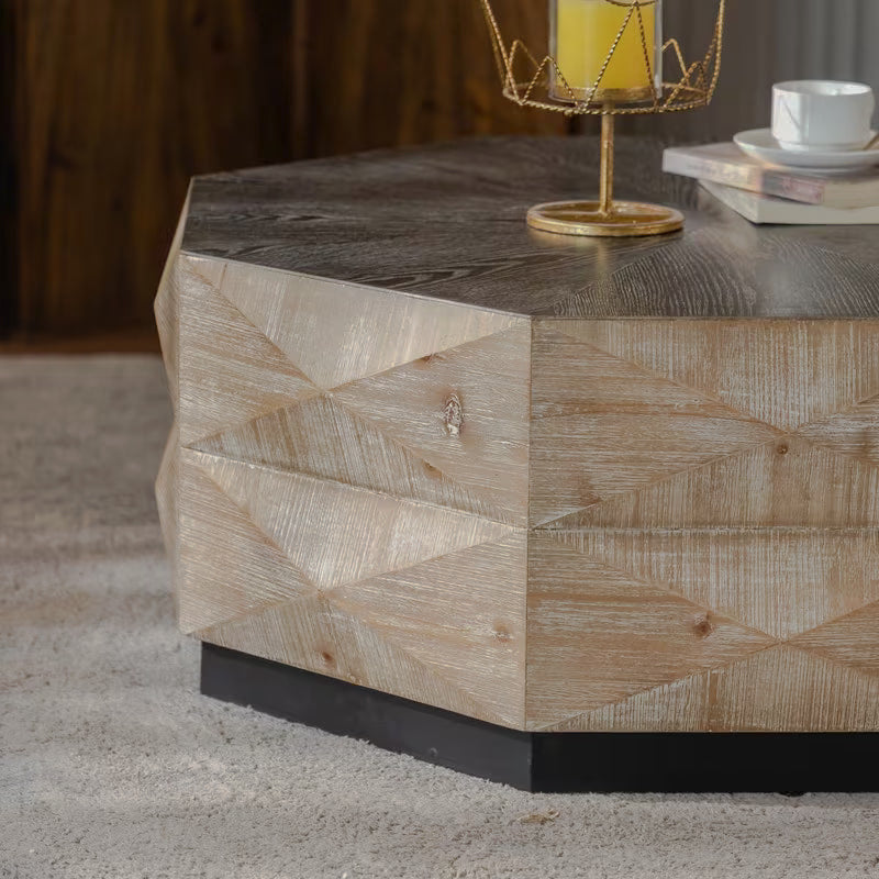Front view of the octagonal coffee table's light geometric sides and dark top