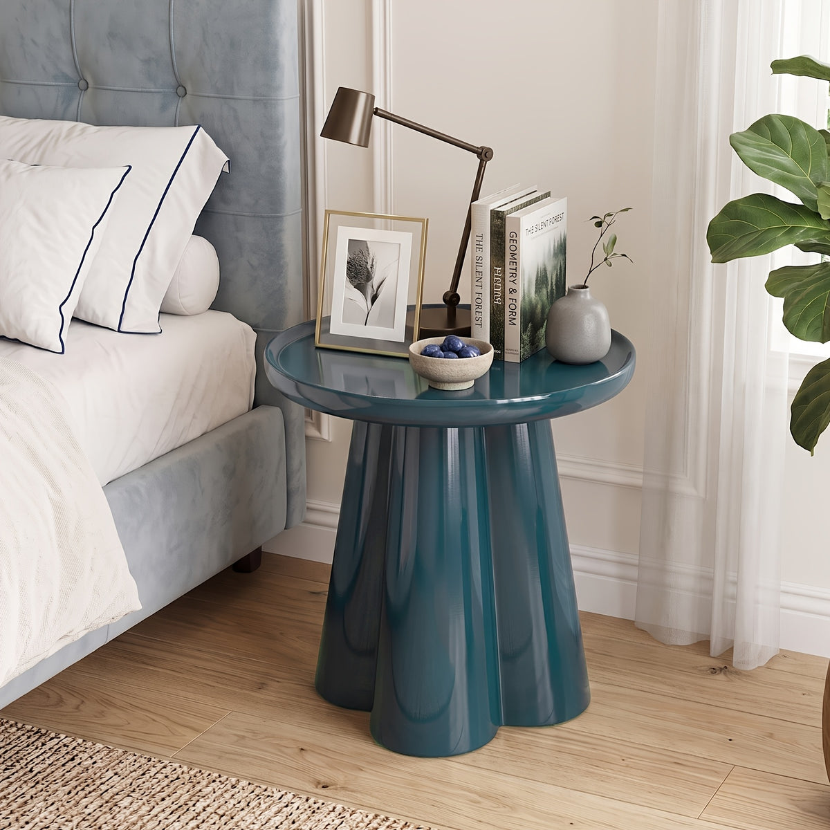 High Glossy End Table, Side Table, Petal Base Tray Top Design, Modern Nightstand, Accent Table, for Small Spaces, with 19" High Base, for Living Room Office Apartment, No Assembly - Blue/Green/Pink - Blue