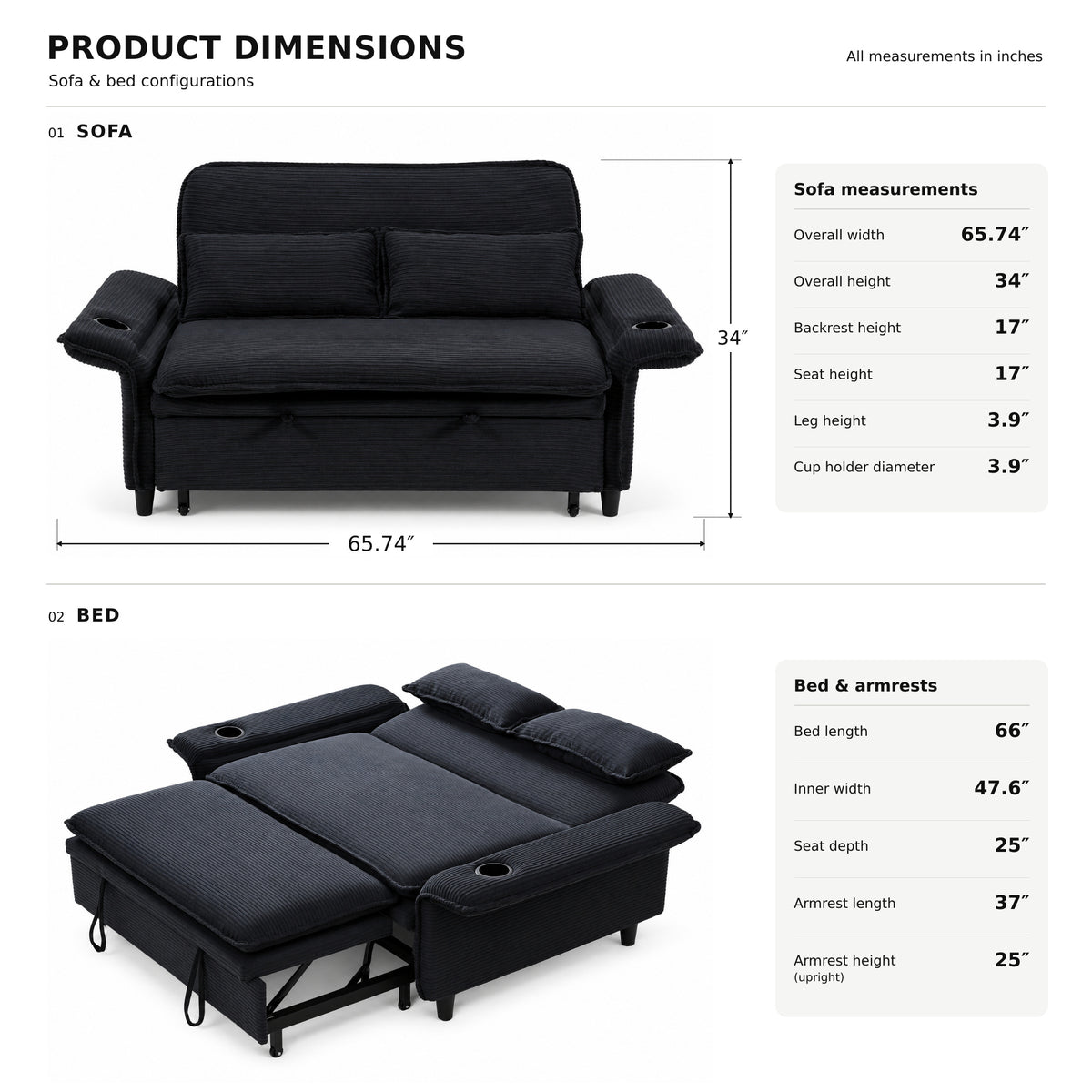 Ribbed Convertible Sleeper Sofa with Cup Holders — supplier sofa and bed dimension diagram.