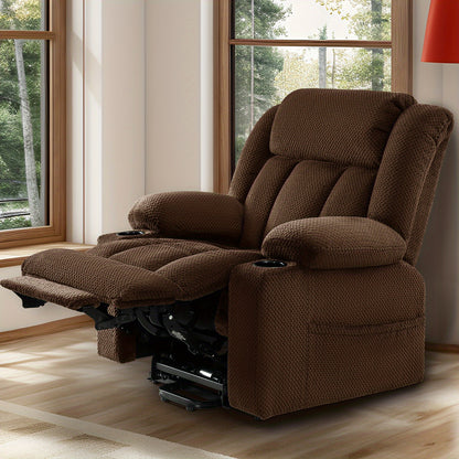 Brown padded recliner with its footrest extended