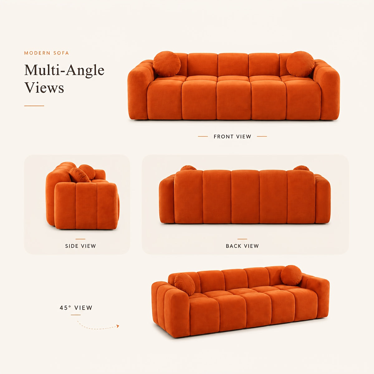 98-Inch Corduroy Low-Profile Sofa — isolated front, rear and side view collage