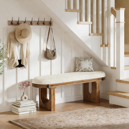 47-Inch Cream Seat Bench with Arched Wood Legs — bench beside a staircase
