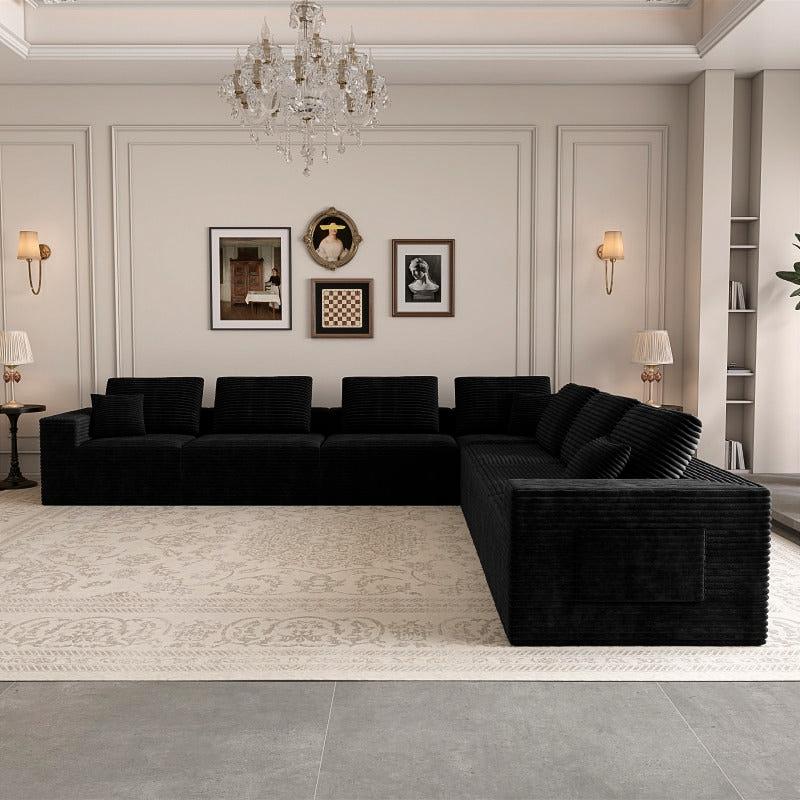 Black Seven-Piece Corduroy Modular Sectional — black corner sectional side three-quarter view