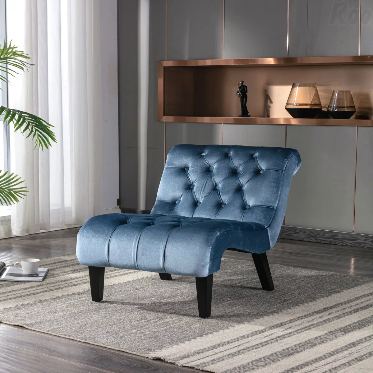 Button-Tufted Velvet Armless Accent Chair — blue front three-quarter view
