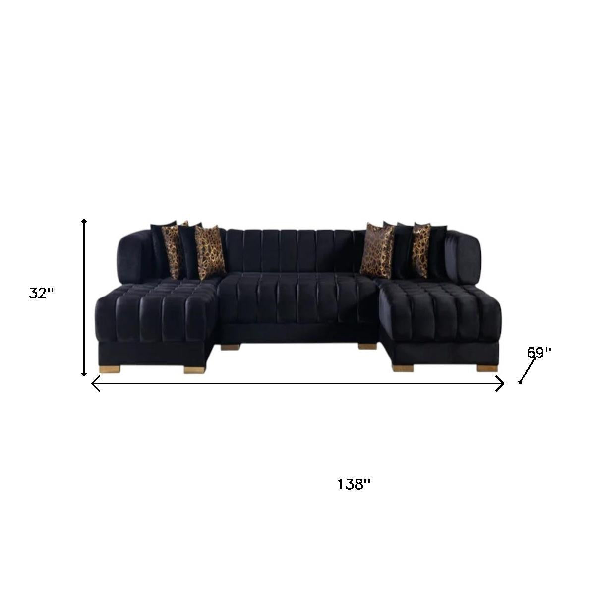 Black Velvet U Shaped Three Piece Sofa and Chaise Sectional With Toss Pillows - 643884