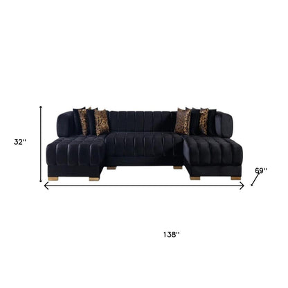 Black Velvet U Shaped Three Piece Sofa and Chaise Sectional With Toss Pillows - 643884